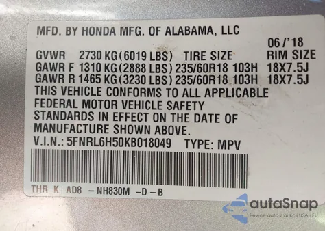 2019 Honda Odyssey Ex z USA, uszkodzony, nr VIN 5FNRL6H50KB018049